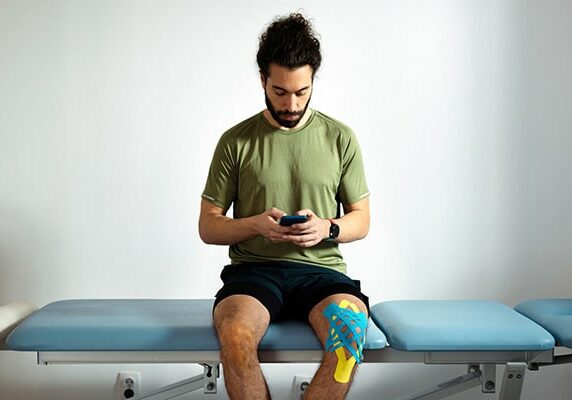 Patient is sitting on the bed in the rehabilitation centre, waiting for physical therapist and looking down at his phone. He has kinezio tape on his knee.
