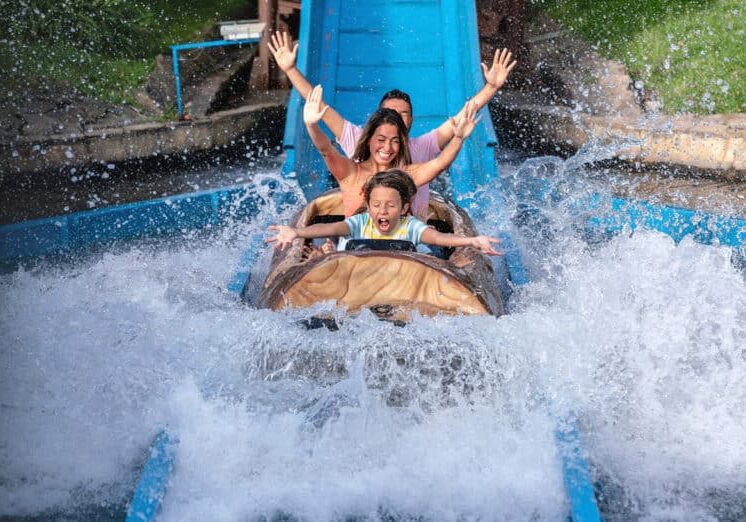 Happy family having fun in an amusement park riding on a fun water ride - lifestyle concepts