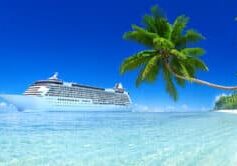 Our designed 3D rendered Cruise ship with blue Sky, Turquoise sea and white sand, green palm trees.